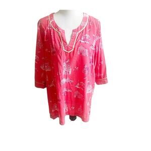 Soft Surroundings Parisian Paradise Print Tunic Poppy Pink V-Neck Size 1X Boho